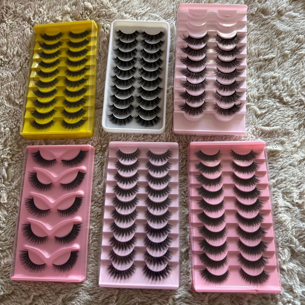 Bulk False Eyelash Lot — Black Lashes in Pink & Yellow Trays